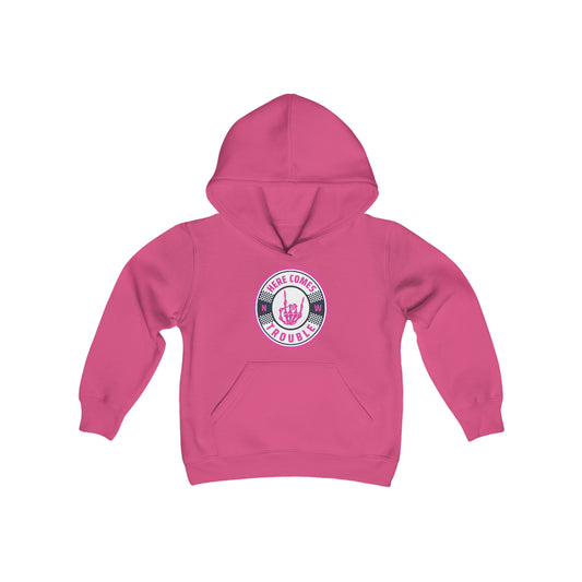 PINK!!  Here Comes Trouble Youth Heavy Blend Hooded Sweatshirt