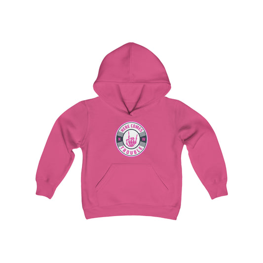 PINK!!  Here Comes Trouble Kids Heavy Blend Hooded Sweatshirt