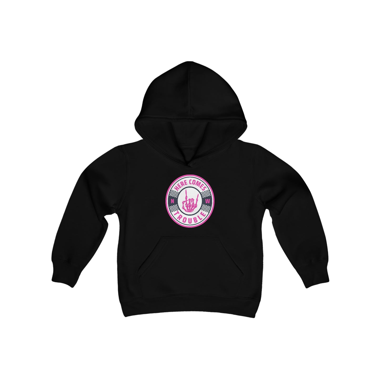 PINK!!  Here Comes Trouble Kids Heavy Blend Hooded Sweatshirt