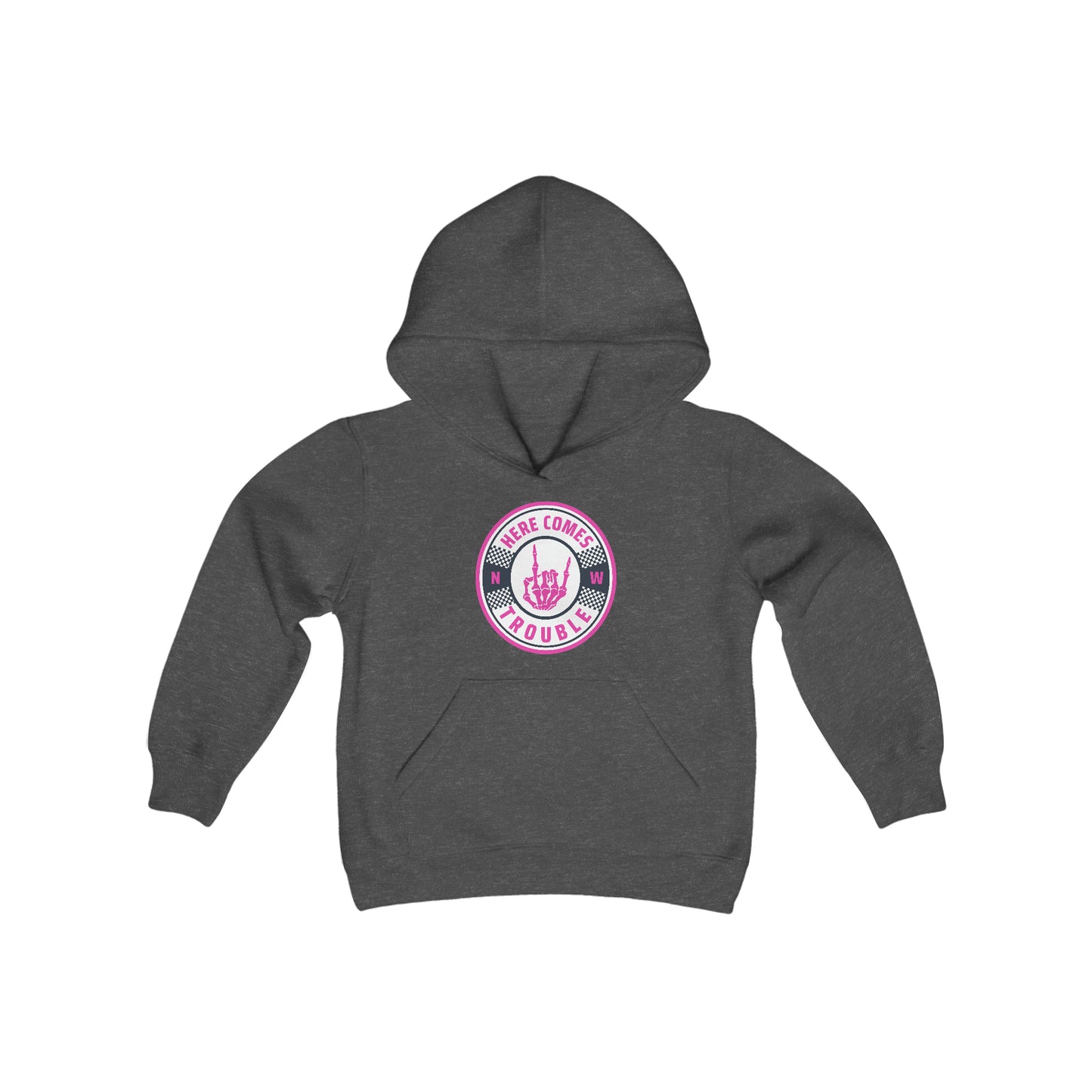 PINK!!  Here Comes Trouble Kids Heavy Blend Hooded Sweatshirt